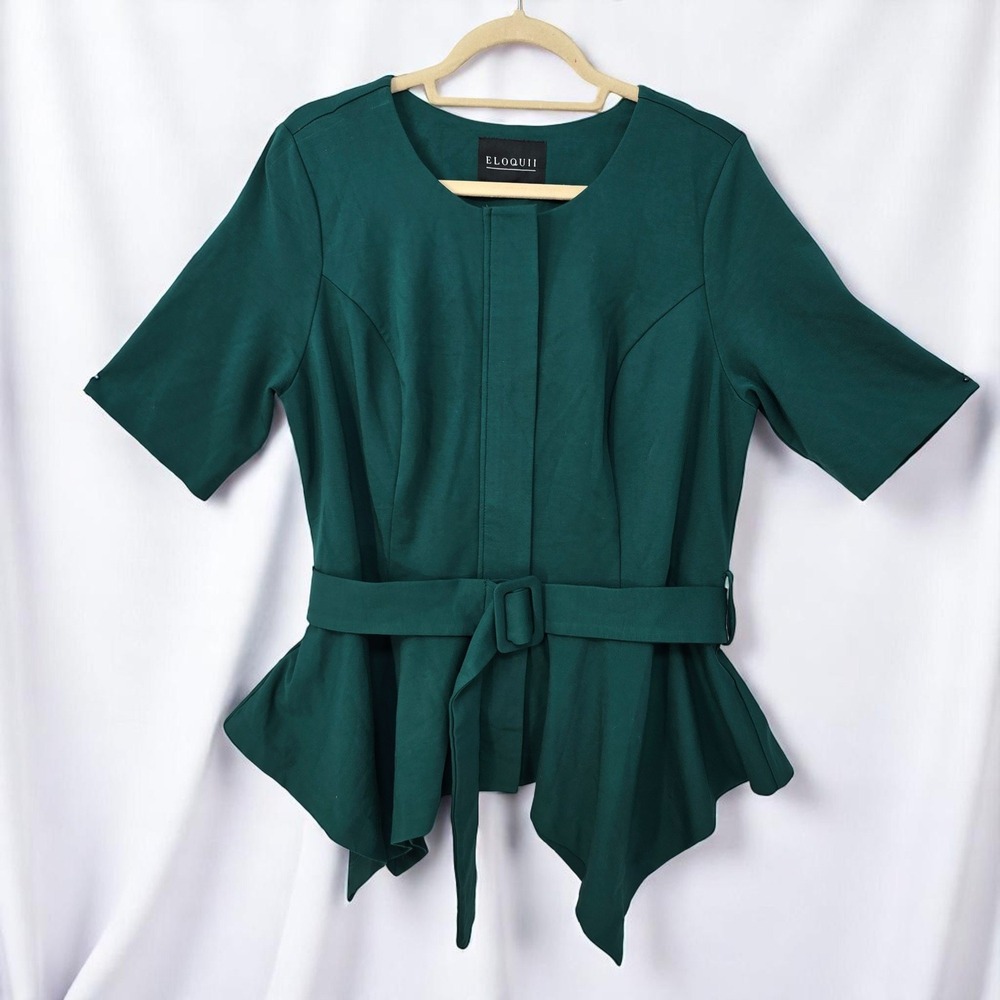 Eloquii Peplum Top Belted Green Career Short Sleeve Woman 16‎ Asymmetrical Hem